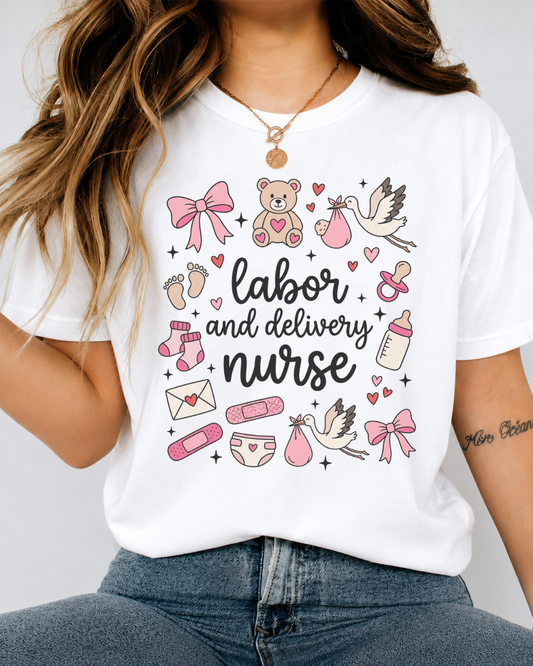 "Labor and Delivery Nurse" Graphic Tee — Cute Pastel L&D Nursing Shirt — Bella Canvas 3001