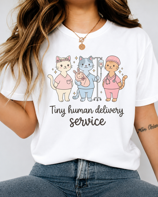 "Tiny Human Delivery Service" Shirt — Cute Cat L&D Nurse Tee — Bella Canvas 3001